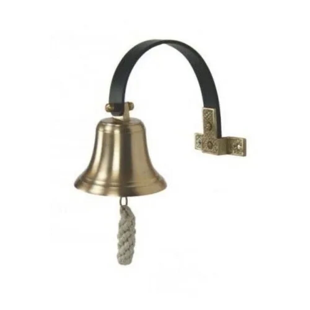 Shopkeepers Bell NIB Antique Brass Wall Mounted w/Rope to knock clapper